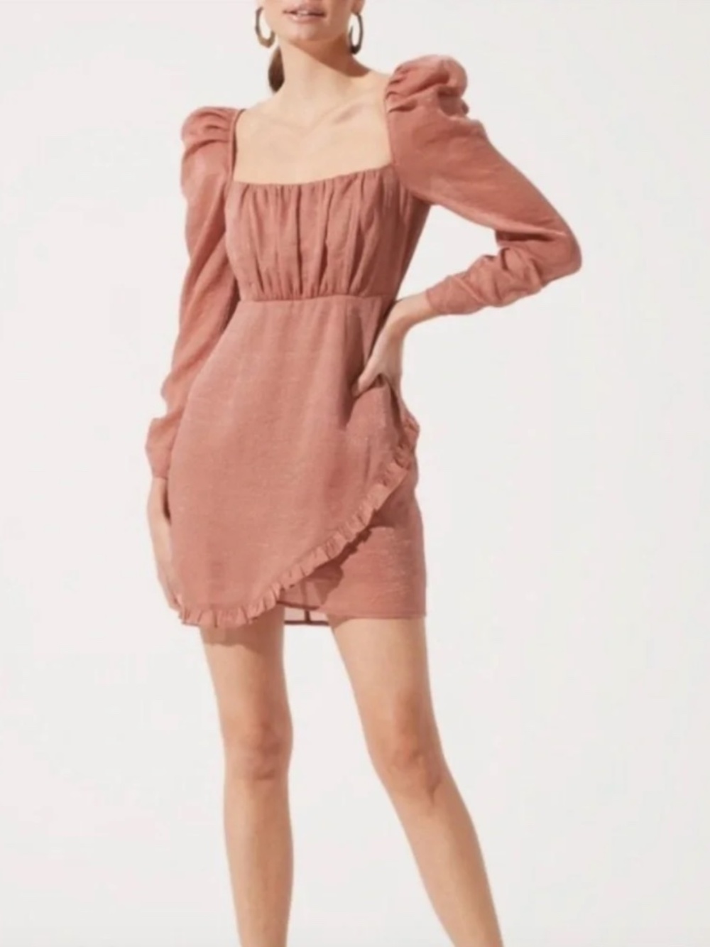 ASTR Mauve Shimmer Puff Sleeve Ruffle Mini Dress Party Cocktail, Small